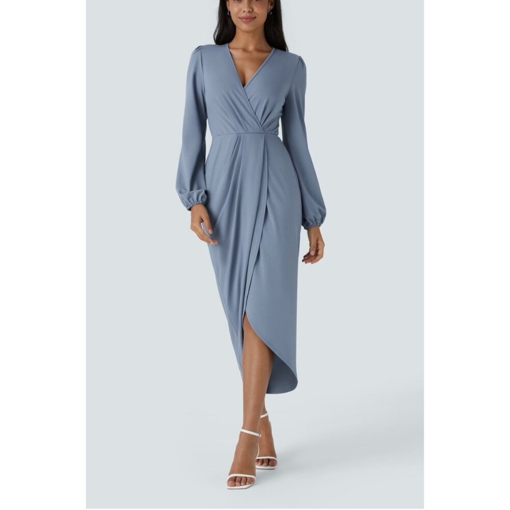 Elegant Slate Blue Wrap Midi Dress with Long Sleeves
